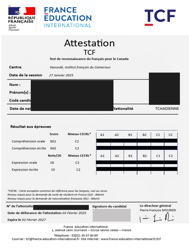 Attestation TCF Canada authentique n°1, cliente TCF-CAD, informations personnelles masquées