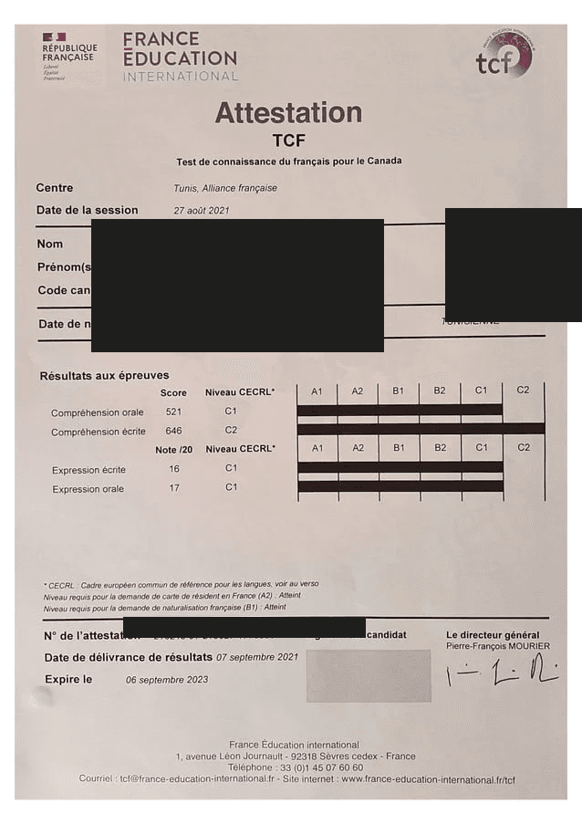 Attestation TCF Canada authentique n°2, cliente TCF-CAD, informations personnelles masquées