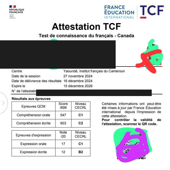 Attestation TCF Canada authentique n°3, cliente TCF-CAD, informations personnelles masquées